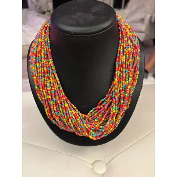 Vintage Rainbow Beaded Torsade Necklace Multi-Strand Statement Y2K - Picture 2 of 8